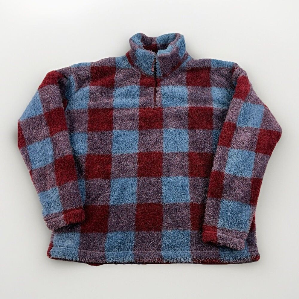 Eddie Bauer Teddy Sherpa Fleece Women‎ XL Plush 1/4 Zip Pullover Plaid Jacket